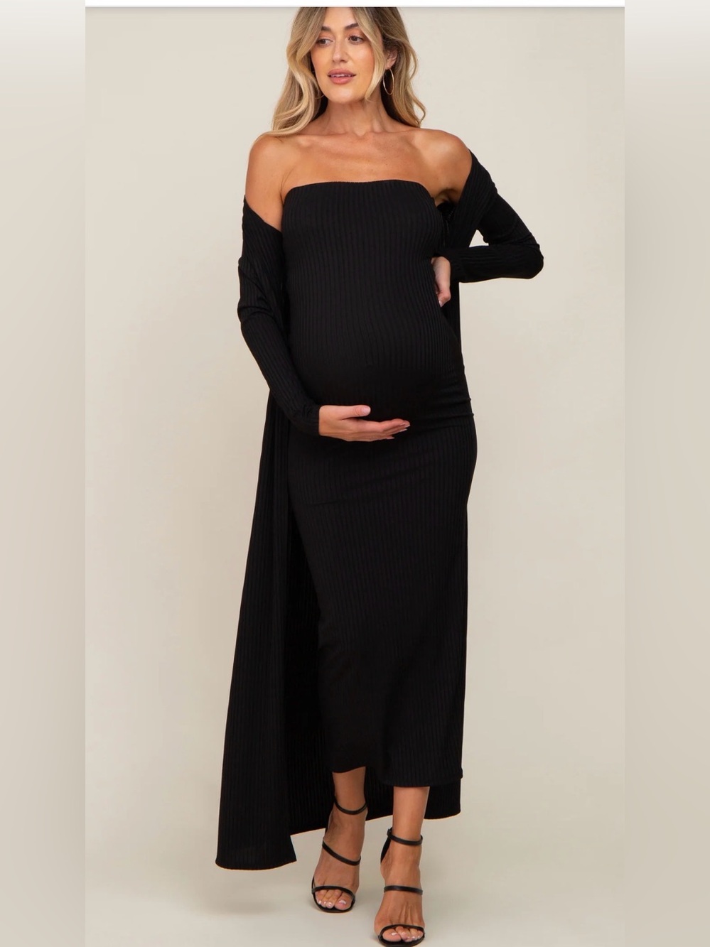 Black Ribbed Sleeveless Dress Cardigan Maternity Set